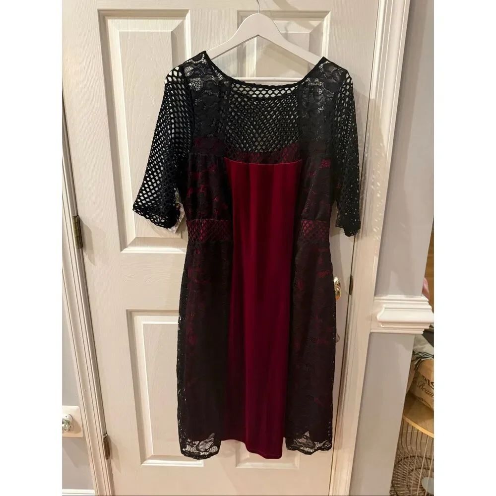 Kiyonna Rich Red Velvet Black Mesh & Gothic Lace Midi Cocktail Dress sz 1 or 14-